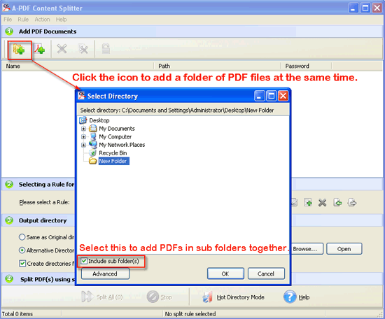 a-pdf content splitter add folder